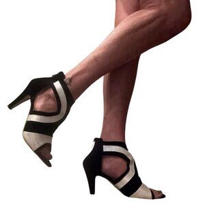 Women Sexy Open Toe High Heel Cut Out Black & White Shoe Sz 10.5
